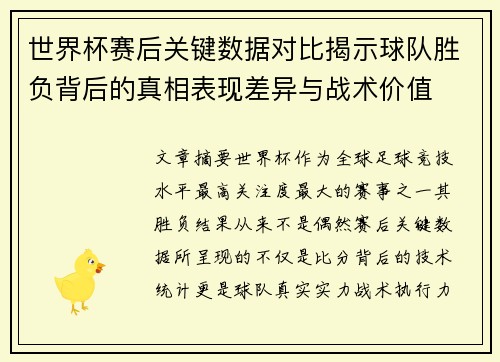 世界杯赛后关键数据对比揭示球队胜负背后的真相表现差异与战术价值